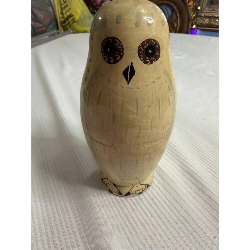 Hand Painted Wooden Owl Russian Nesting Dolls Vintage Set Of 5